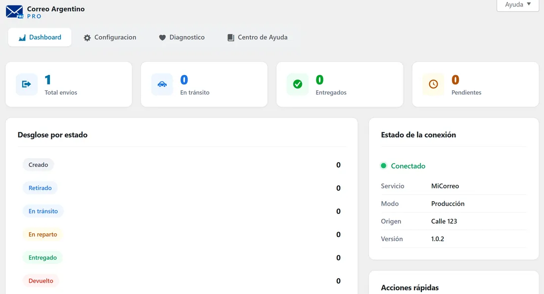 Panel de Zenda Pro dentro de WooCommerce con estadísticas de envíos y estado de conexión