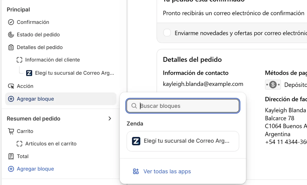 Agregar bloque en el editor de checkout, con el bloque Elegí tu sucursal de Correo Argentino de Zenda