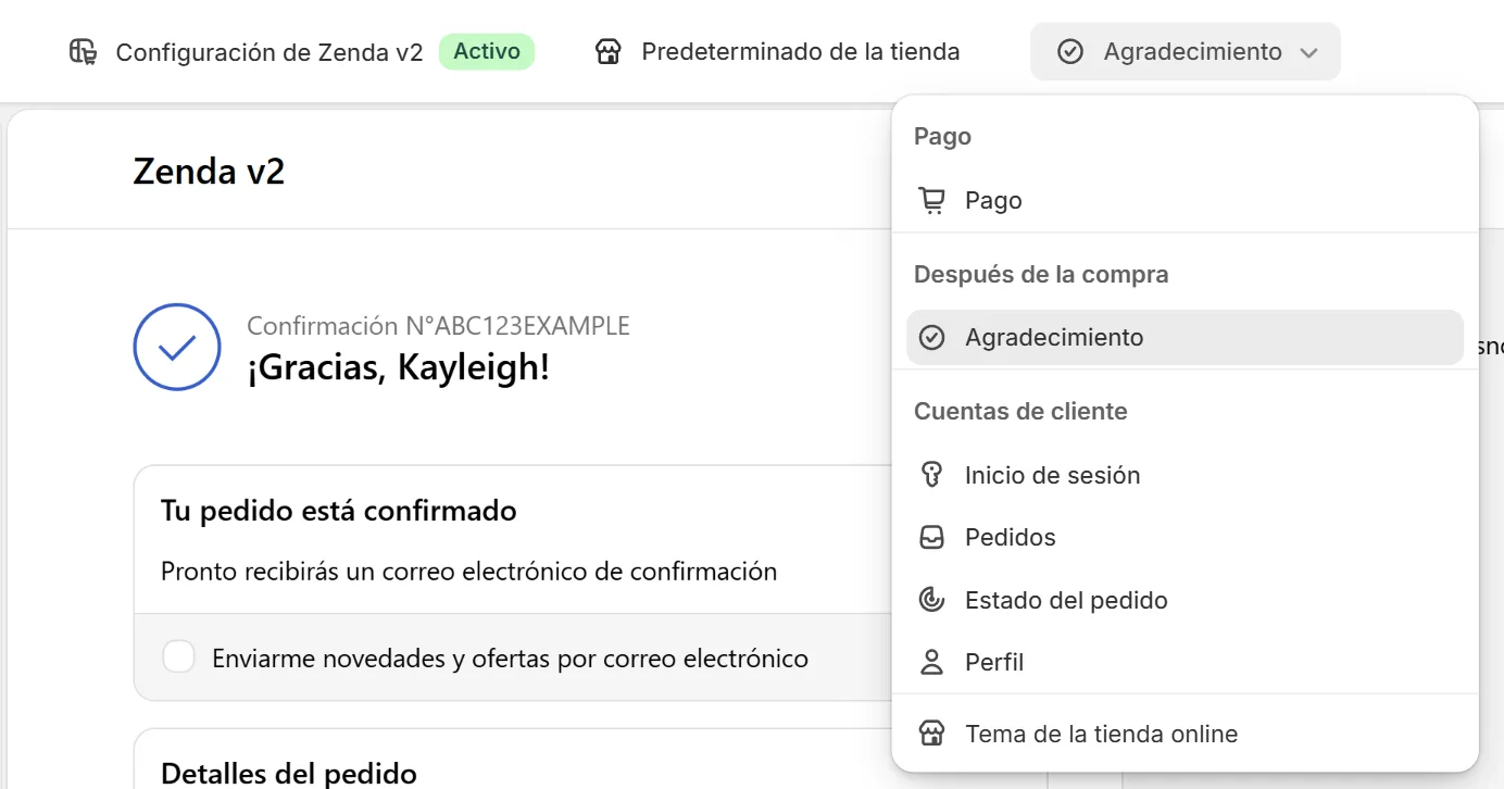 Editor de checkout de Shopify con el selector de página abierto: Agradecimiento y Estado del pedido