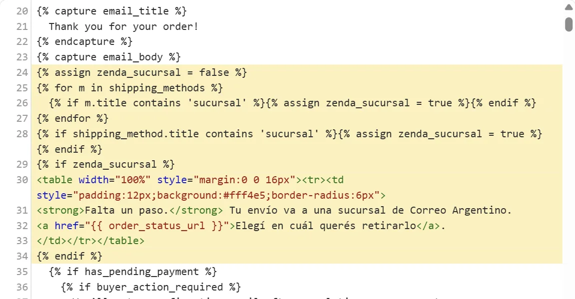Editor de código de la Confirmación de pedido de Shopify con el aviso de Zenda pegado debajo de la línea capture email_body