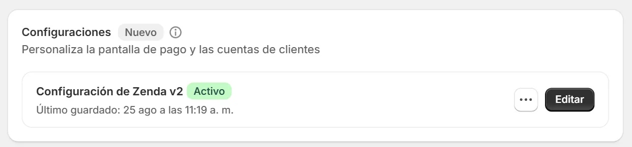 Configuración > Pago de Shopify: la tarjeta Configuraciones con la configuración activa y el botón Editar
